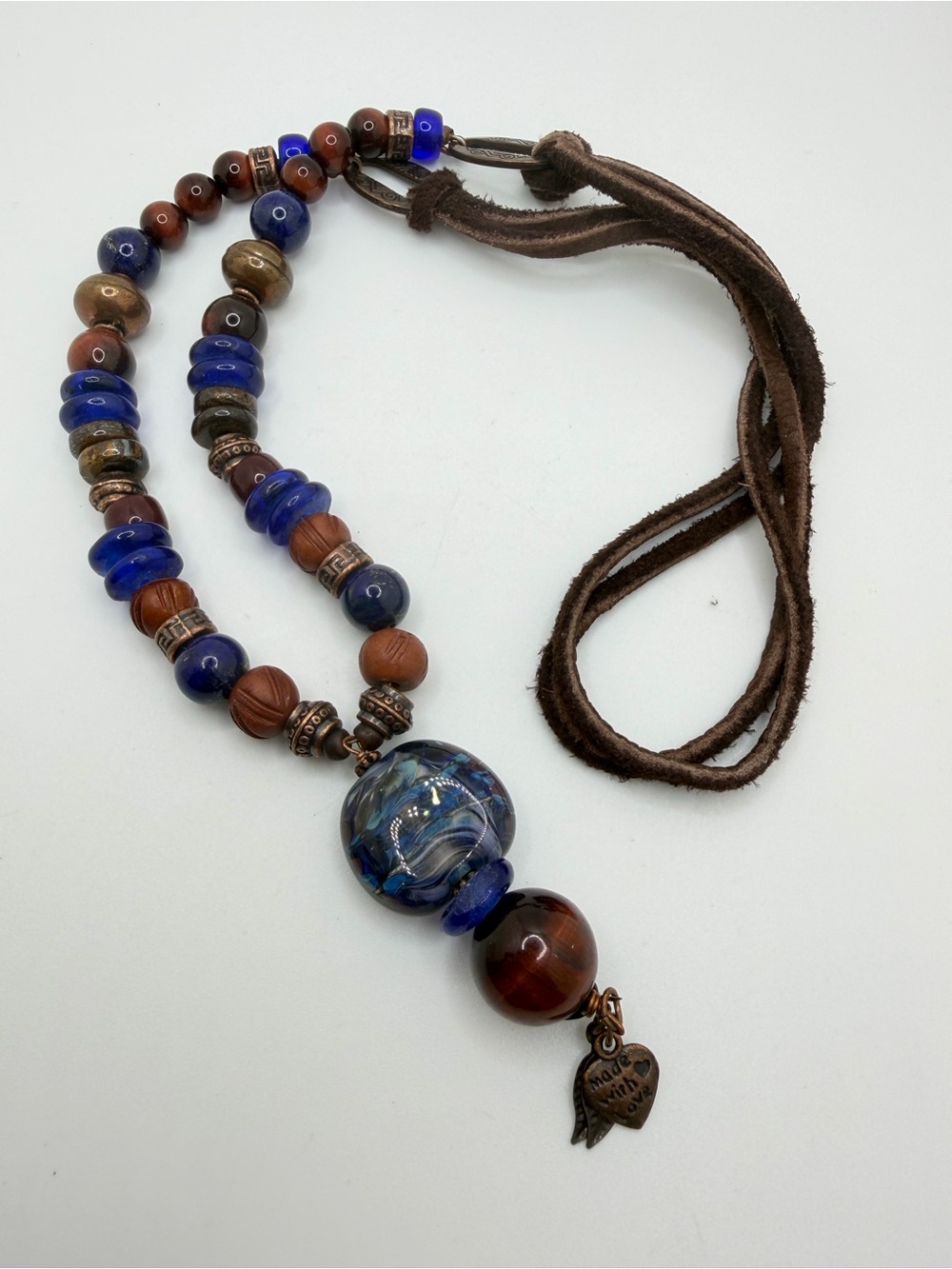 24" Artisan made, glass, wood, red tigers eye beaded necklace with suede cord!